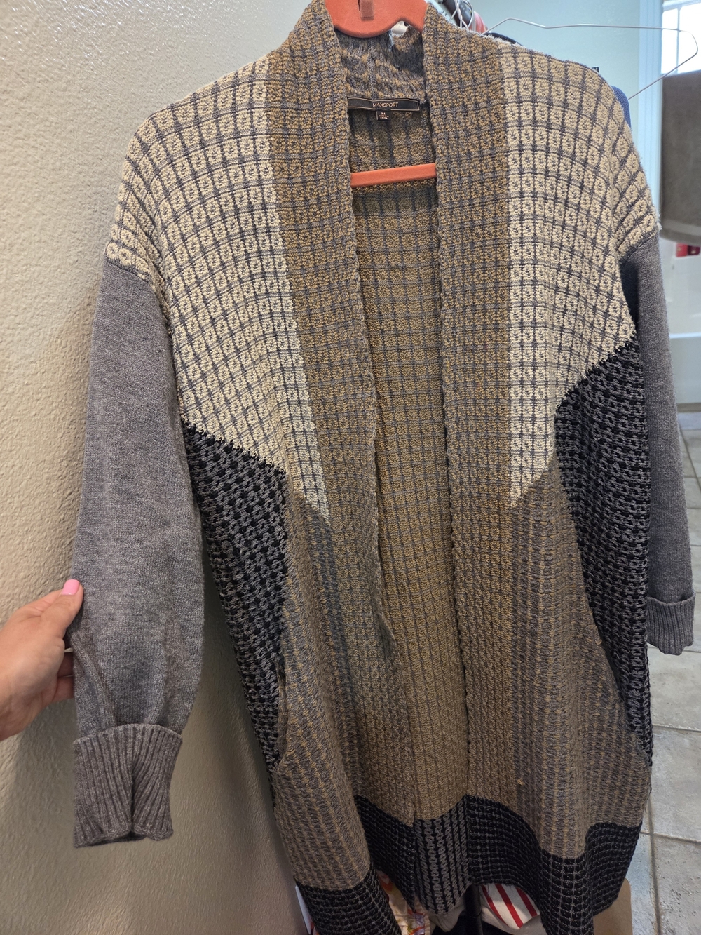 BCBGMaxAzria Gray and Tan Open-Front Colorblock Cardigan
